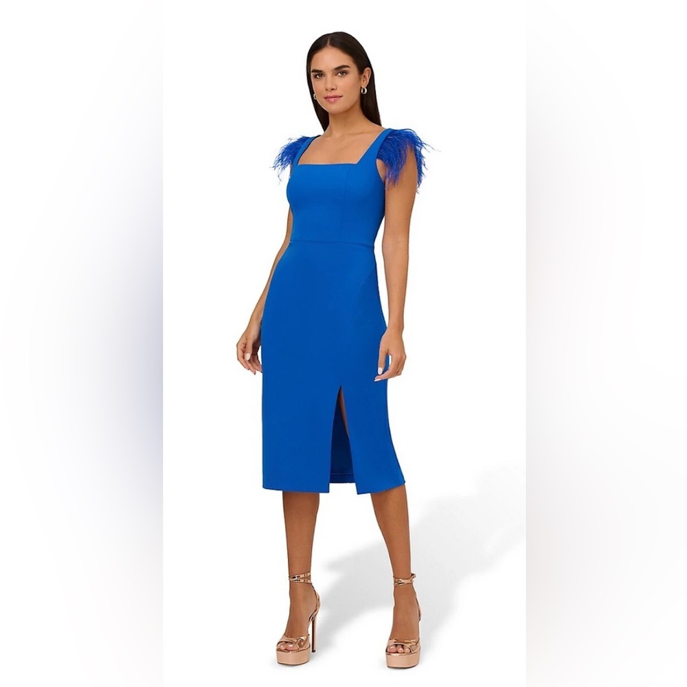 Aidan by Adrianna Papell Knit Crepe Midi Dress With Feathers In Dark Cobalt New